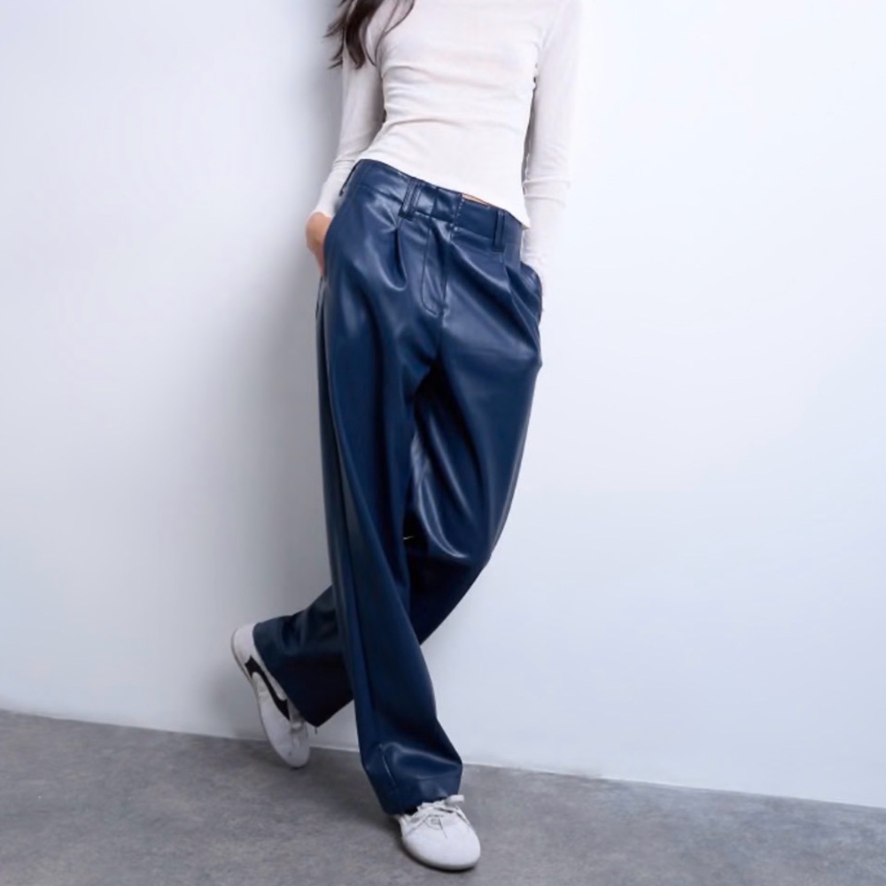 Topshop women Navy Faux Leather Trousers